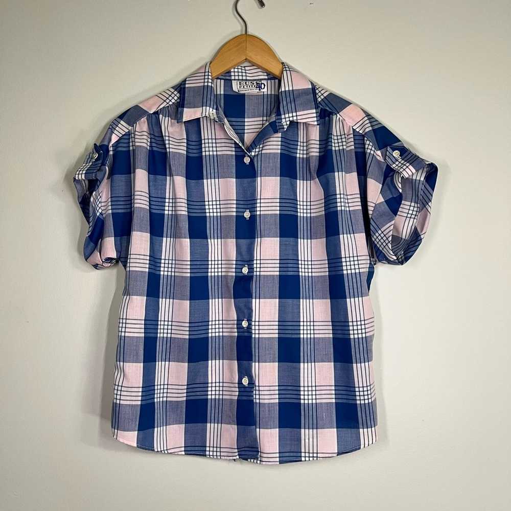VINTAGE 60’s Blue and Pink Plaid Short Sleeve Shirt
